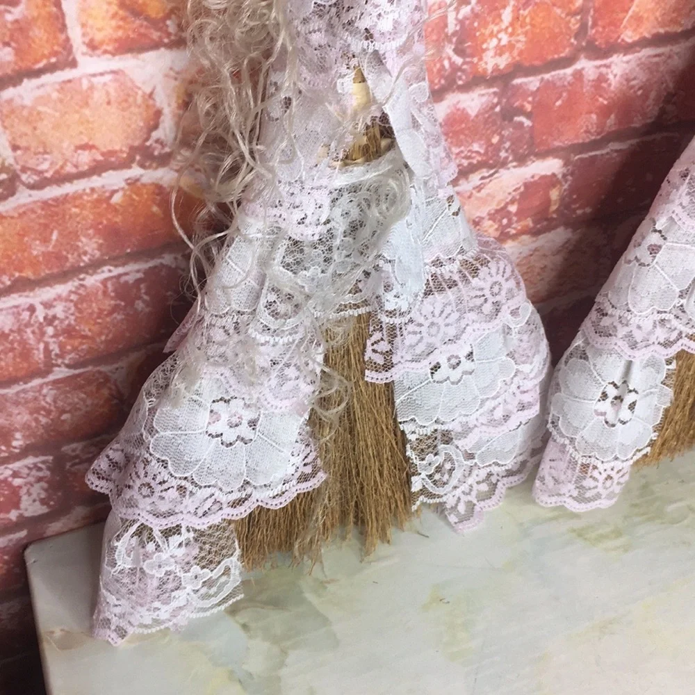 Vintage Handmade Lace Tiered Victorian Broomstick Doll Wall Hangings
